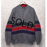 90’s~ USA製【ビンテージ】【ランズエンド】【LANDS' END】【グレー】【 緑×赤×紺ライン】【ヘンリーネックセーター】【サイズＬ】 