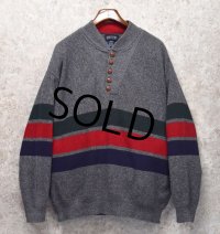 90’s~ USA製【ビンテージ】【ランズエンド】【LANDS' END】【グレー】【 緑×赤×紺ライン】【ヘンリーネックセーター】【サイズＬ】 