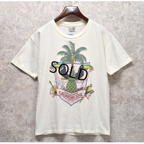 画像1: 80’s【USA製】ビンテージ【Jimmy Buffett’s】【ジミーバフェット】【Caribbean soul】【オウム】【ヤシの木】【白】【Tシャツ】 サイズL 