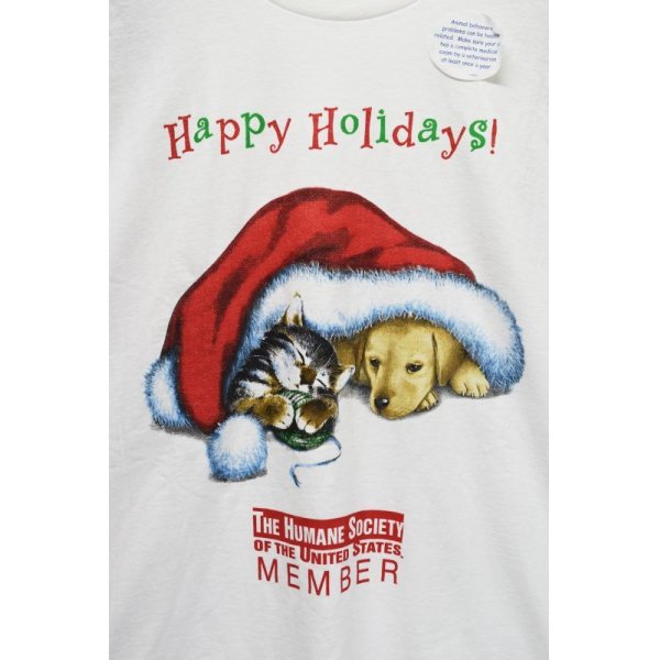 画像3: デッドストック【ビンテージ】【白】happy holidays【猫と犬】Tシャツ【サイズL】 