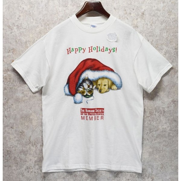 画像1: デッドストック【ビンテージ】【白】happy holidays【猫と犬】Tシャツ【サイズL】 