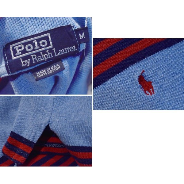 画像2: USA製【ビンテージ】【ラルフローレン】【POLO ralph lauren】【水色×紺×赤】【ボーダー柄】【ポロシャツ】【サイズＭ】  