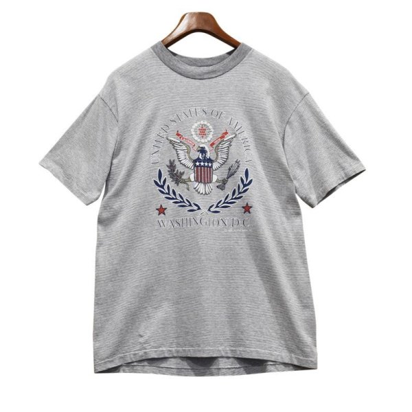 画像1: 90's【USA製】グレーｘ白 ボーダー 【great seal)】国章 ワシントンDC【Ｔシャツ】【サイズL】 