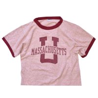 70's【USA製】【ビンテージ】【チャンピオン】染み込み【マサチューセッツ大学】カレッジTシャツ【霜降り赤】【リンガーＴシャツ】【サイズM】 