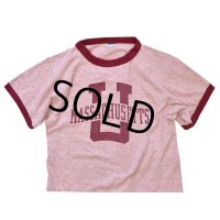 70's【USA製】【ビンテージ】【チャンピオン】染み込み【マサチューセッツ大学】カレッジTシャツ【霜降り赤】【リンガーＴシャツ】【サイズM】 