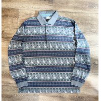 ~90's【ビンテージ】【L.L.Bean】【L.L.ビーン】【グレーｘ紺】【ノルディック柄】【長袖ポロシャツ】【サイズM】 