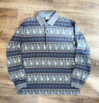 ~90's【ビンテージ】【L.L.Bean】【L.L.ビーン】【グレーｘ紺】【ノルディック柄】【長袖ポロシャツ】【サイズM】 