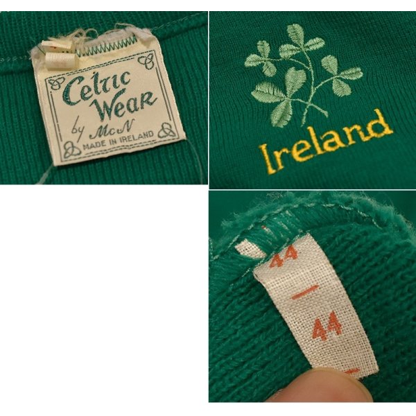 画像2: 程度良好!!【アイルランド製】ビンテージ【Celtic Wear】三つ葉のクローバー　若葉刺繍入り【緑】 Vネックセーター 【サイズ44】  