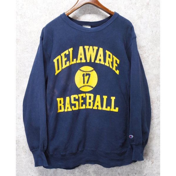 画像1: 80's【USA製】ビンテージ【チャンピオン】プリント　トリコタグ【リバースウィーブ】【DELAWARE BASEBALL】【紺】【スウェット】【サイズXL】 