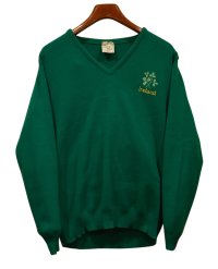 程度良好!!【アイルランド製】ビンテージ【Celtic Wear】三つ葉のクローバー　若葉刺繍入り【緑】 Vネックセーター 【サイズ44】  