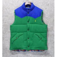 【Ralph Lauren】【ラルフローレン】青ナイロンｘ緑スウェット【スウェットベスト】【ダウンベスト】ウエスタンヨーク【サイズＸＬ】 