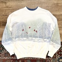 90's【ビンテージ】【ART UNLIMITED SPORTSWEAR】アートアンリミテッドスポーツウェア【雪山ｘ鳥】総柄プリント【白】【スウェット】【レディース古着】【サイズM】 