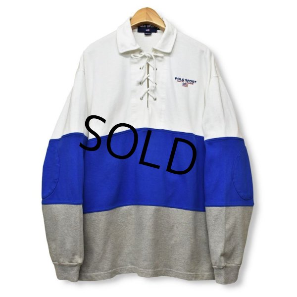 画像1: USA製 90's【ポロスポーツ】POLO SPORT【ラルフローレン】【白×青×グレー】レースアップラガーシャツ【ラガーシャツ】【サイズＬ】  (1)