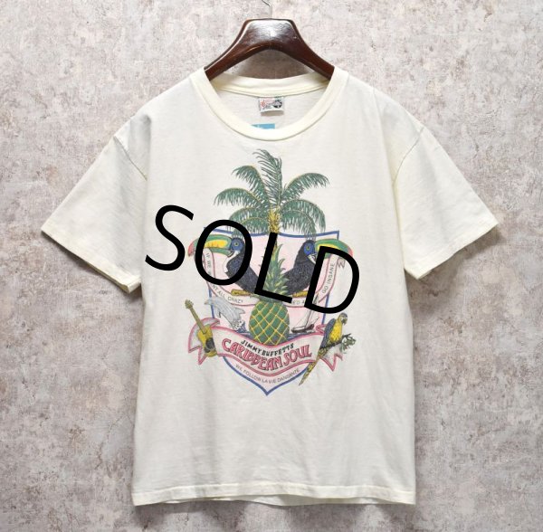 画像1: 80’s【USA製】ビンテージ【Jimmy Buffett’s】【ジミーバフェット】【Caribbean soul】【オウム】【ヤシの木】【白】【Tシャツ】 サイズL  (1)