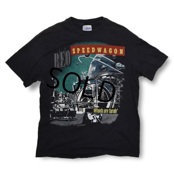 画像1: 80's【ビンテージ】黒【REO Speedwagon】wheels are turnin'【Tシャツ】 【サイズＬ】  (1)