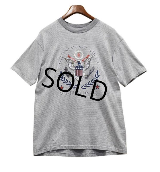 画像1: 90's【USA製】グレーｘ白 ボーダー 【great seal)】国章 ワシントンDC【Ｔシャツ】【サイズL】  (1)