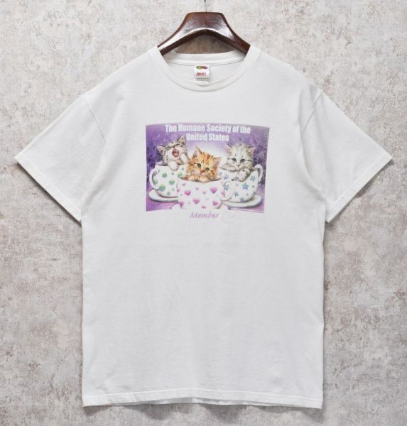 画像1: ビンテージ【FRUIT OF THE LOOM】【フルーツオブザルーム】【THE HUMANE SOCIETY】【猫】白【 Tシャツ】 サイズL  (1)