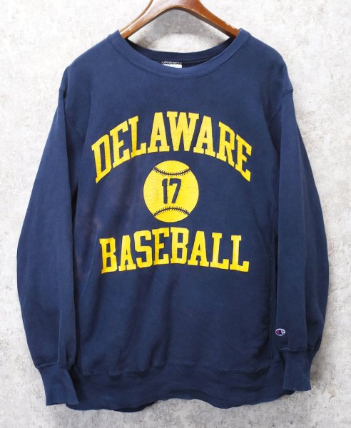 画像1: 80's【USA製】ビンテージ【チャンピオン】プリント　トリコタグ【リバースウィーブ】【DELAWARE BASEBALL】【紺】【スウェット】【サイズXL】  (1)