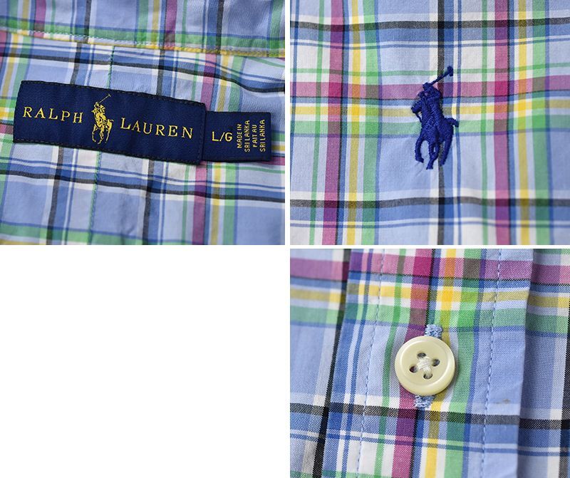 【ビンテージ】【ラルフローレン】POLO RALPH LAUREN【水色×ピンク×黄】チェック柄【B/Dシャツ】【半袖シャツ】【サイズL】