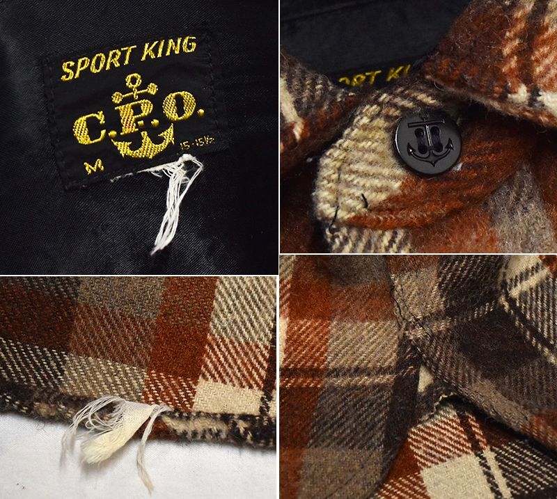 70's【ビンテージ】【Sports King】スポーツキング 茶チェック【マチ付き】【CPOシャツ】【サイズＭ】