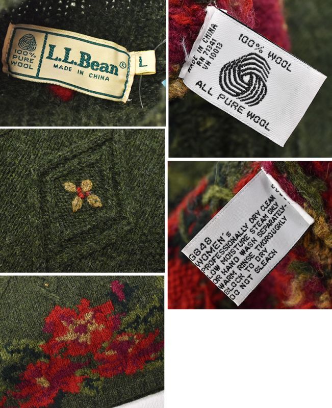 【ビンテージ】【L.L.bean】【エルエルビーン】【モスグリーン】花柄【モックネック】【ウールセーター】レディース古着【レディースL】